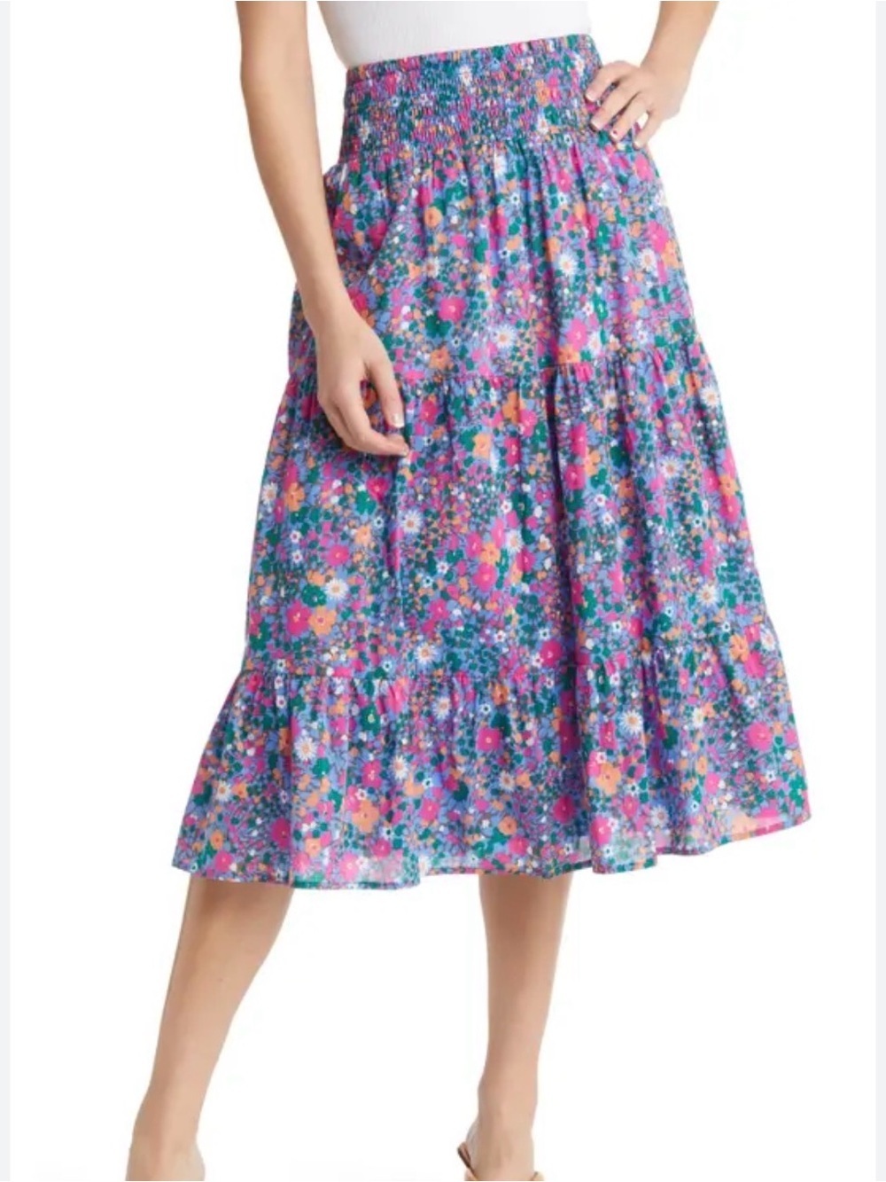 Rails Edina Floral Tiered Cotton Skirt Medium MIDI Preppy Lelaini Floral Vibrant